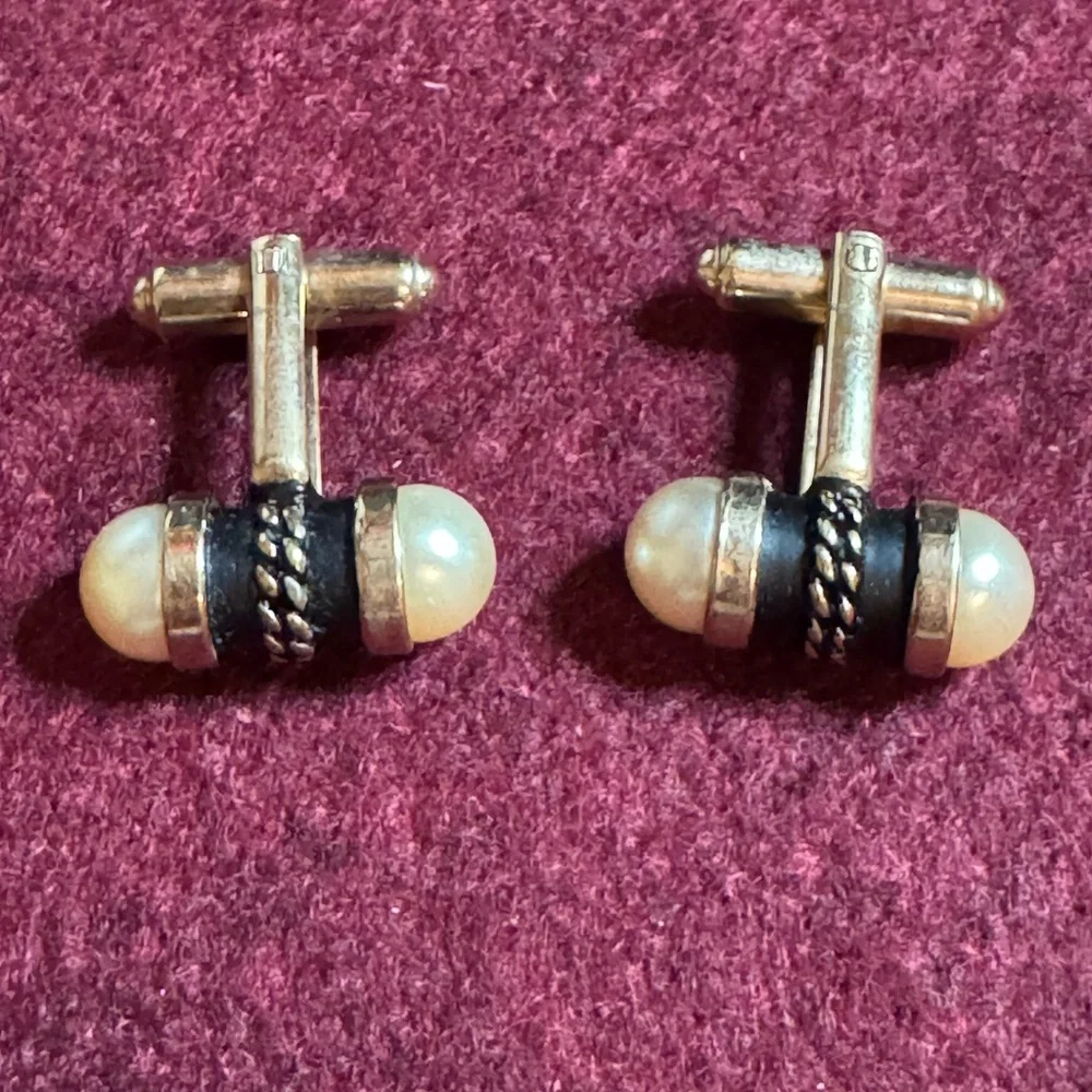 Vintage black enamel double pearl gold tone barbell shaped cufflinks